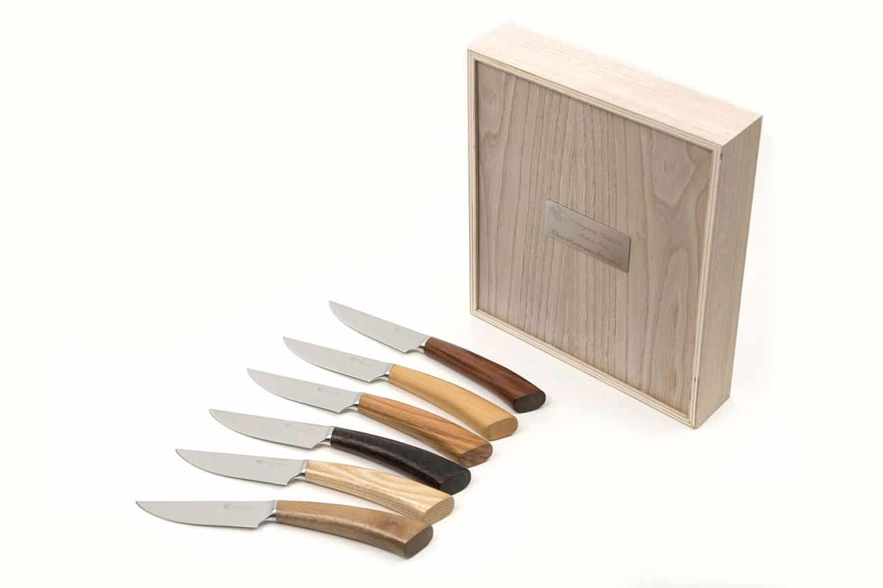Rustic Style Six Steak Knife Set with handles in different woods - Steak and Table Knives - Knife Shop L'Artigiano Scarperia - 01