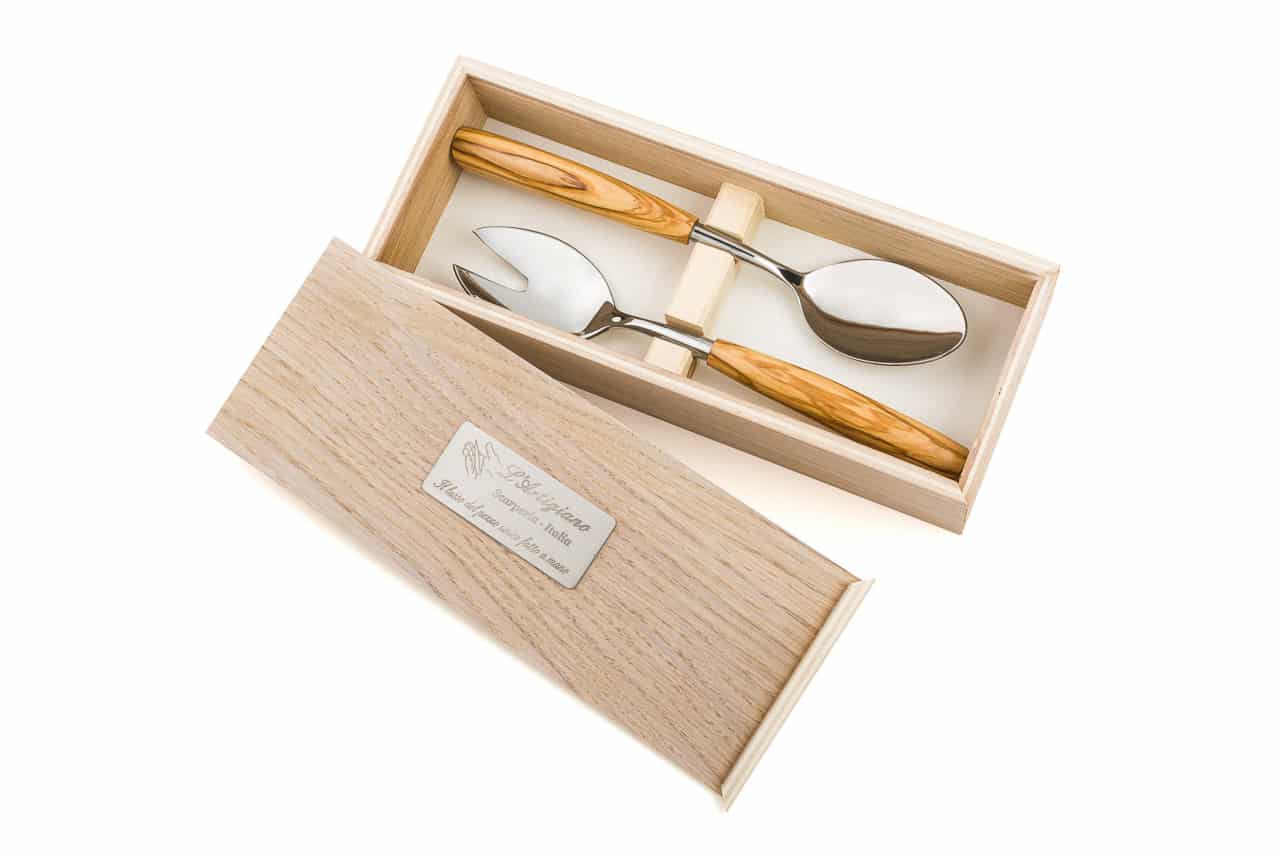 Pair of Forged Salad Server Spoons with Olive Wood Handles - Kitchen Knives and Accessories - Knife Shop L'Artigiano Scarperia - 01