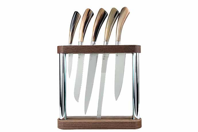 Crystal Block Holder with set of Forged Blade Knives with Ox Horn Handles - Kitchen Knives and Accessories - Knife Shop L'Artigiano Scarperia - 01