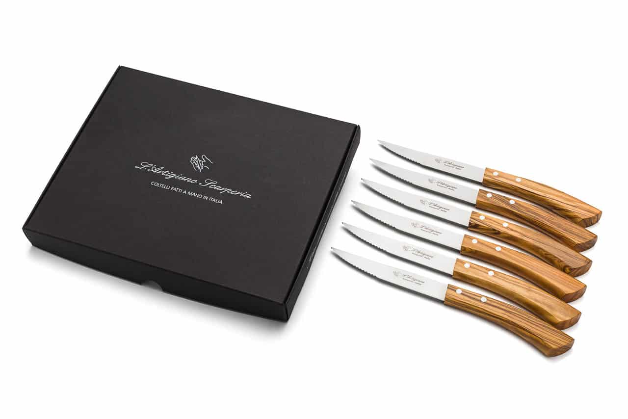 Six-piece San Barnaba Table and Steak Knife Set with Olive Wood Handles - Steak and Table Knives - Knife Shop L'Artigiano Scarperia - 02