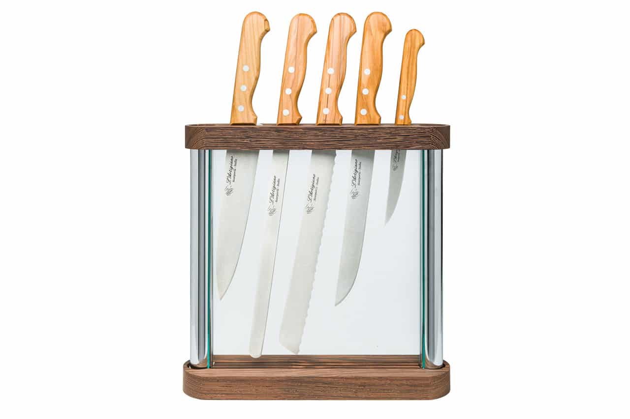 Crystal block holder with Olive Wood Handle knife set - Kitchen Knives and Accessories - Knife Shop L'Artigiano - 01